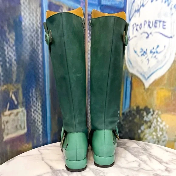 John Fluevog Fellowship Carol Tall Leather Buckle Zip Boots Green 7.5 GUC - Picture 10 of 10